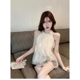 เสื้อเบลาส์ผ้าชีฟองสีครีม แขนกุด มีซับใน แต่งระบายด้านหน้า หลังคอติดกระดุม หรูหรา เสื้อครอป #3043