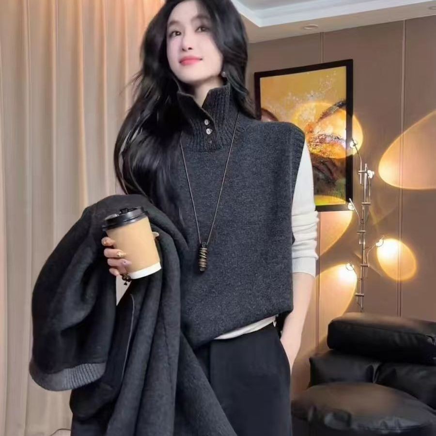 ฝรั่งเศสสวมใส่ด้านนอกครึ่งเปิดคอเต่าเสื้อกันหนาวเสื้อกั๊กสุภาพสตรีต้นฤดูใบไม้ร่วงฤดูหนาวที่อบอุ่นภายในเสื้อกั๊กแขนกุดด้านบน