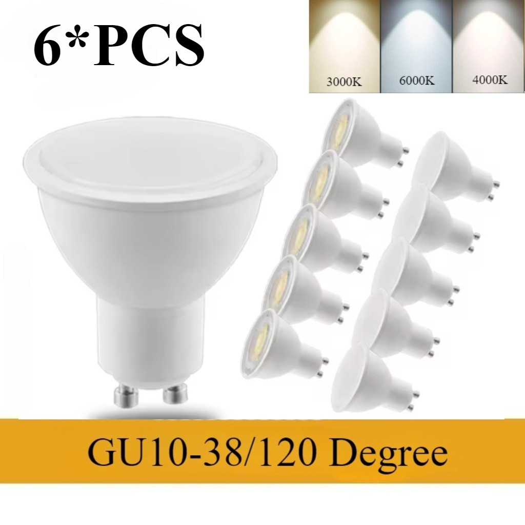 หลอดไฟสปอตไลท์ LED 6 ชิ้น, GU10,5W,7W,9W, 38/120 มุมเรืองแสง, หลอดไฟในร่ม, 220V, แสงอุ่น 3000K, แสงสีขาว 6000K, เป็นกลาง 4000K, ลดสามสี
