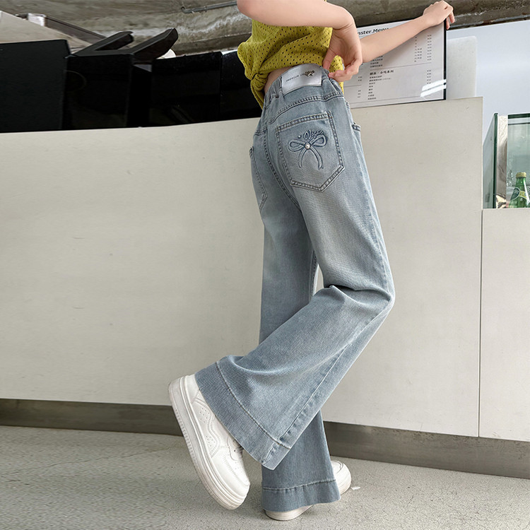 2025 กางเกงยีนส์เด็กผู้หญิงแบบบาง กางเกงขาบานยืดหยุ่น Tencel สไตล์เด็ก กางเกงขากว้าง