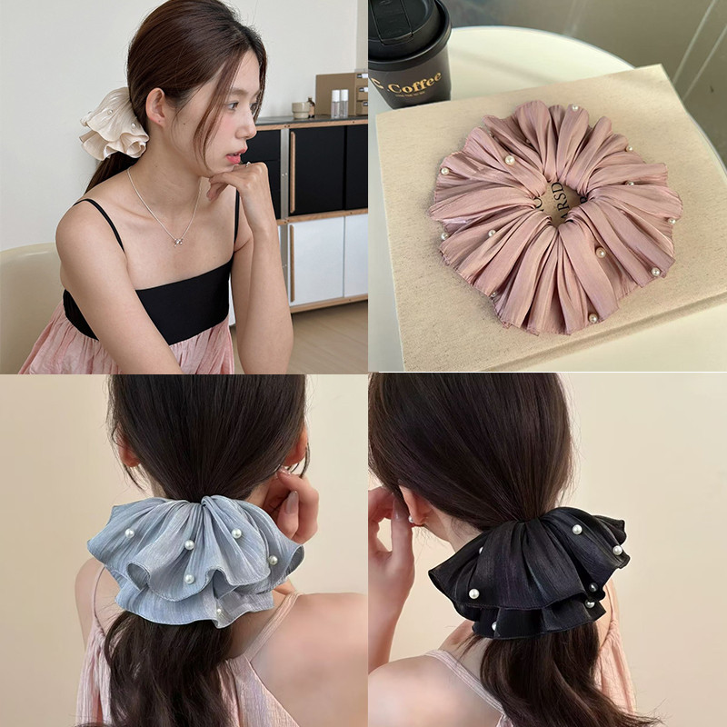 Pearl Shimmering Fabric Scrunchies แฟชั่นเชือกผมยืดหยุ่นหรูหราเครื่องประดับผมสําหรับผู้หญิง