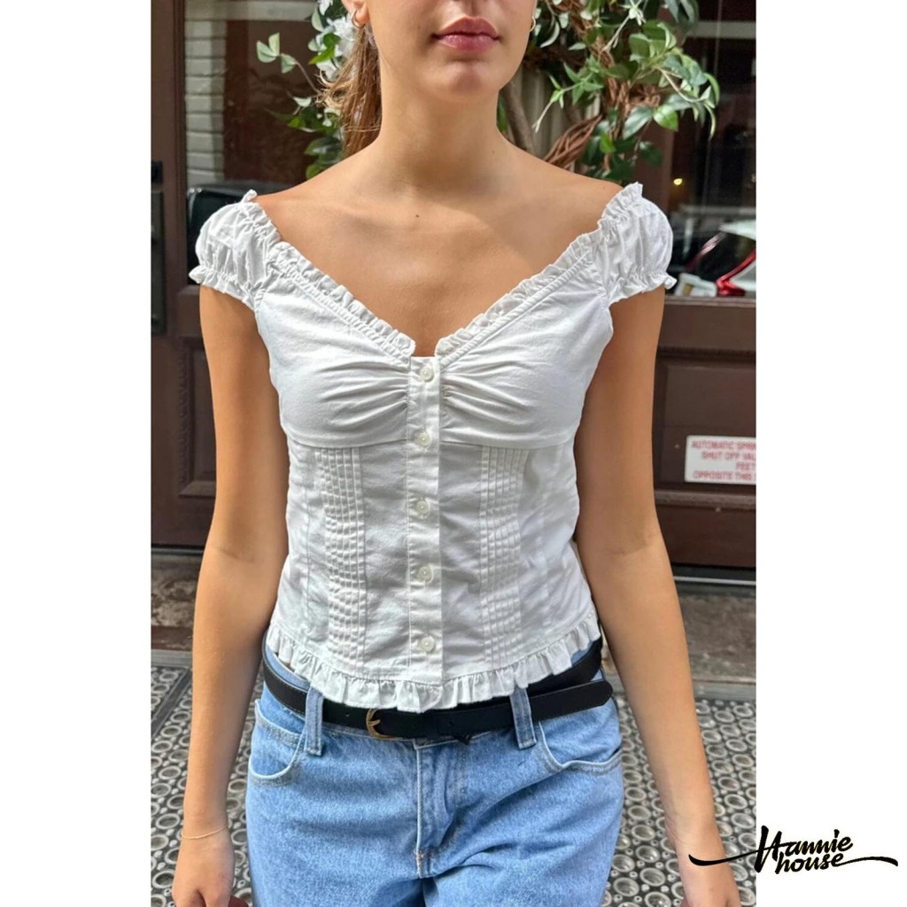 HANIE House- เสื้อเชิ้ตแขนยาวผู้หญิงสีทึบ Slim Fit Frill Button Down Tops