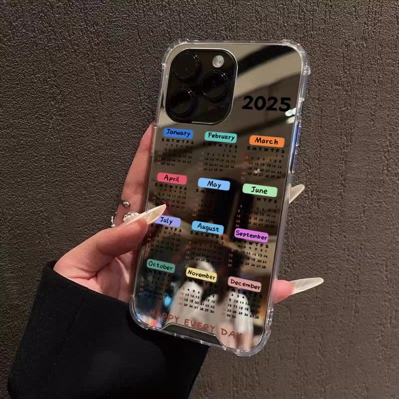 กระจกแต่งหน้าเคสโทรศัพท์สําหรับiPhone 16 15 14 Pro Max 16e 13 12 11 X XS XR 7 8 Plusปีใหม่2025 รูปแบบปฏิทินฝาครอบ