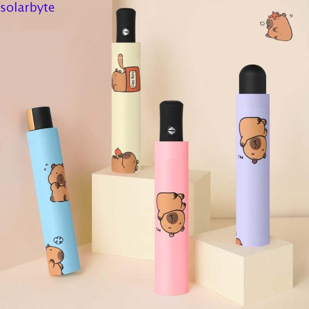 SOLARBYTE Capybara ร่มอัตโนมัติ,น้ําหนักเบาป้องกันแสงแดดการ์ตูนพับร่มกันแดด,แบบพกพาสัตว์ 8-Ribs กันน้ํา Capybara ร่มป้องกันรังสียูวีเดินทาง