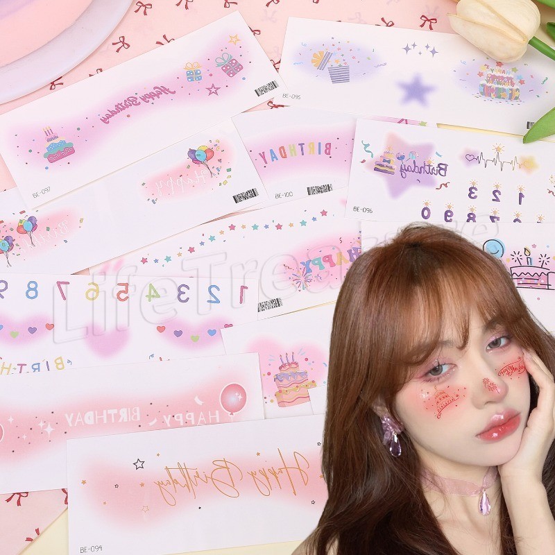 [ ที่โดดเด่น ] สติ๊กเกอร์รอยสักงานเลี้ยงวันเกิด - รอยสักปลอมร่างกาย DIY - บลัชออนกันน้ํา - แพทช์สักใบหน้า - ศิลปะเทศกาลดนตรีตกแต่ง - สติ๊กเกอร์คอสเพลย์การ์ต