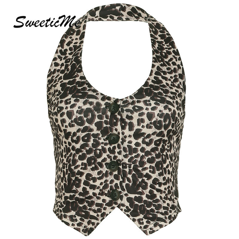 Sweeticme เสื้อสตรี 2025 ใหม่แฟชั่น Retro Leopard Slim Fit เซ็กซี่ Halter เสื้อกล้าม Camisole