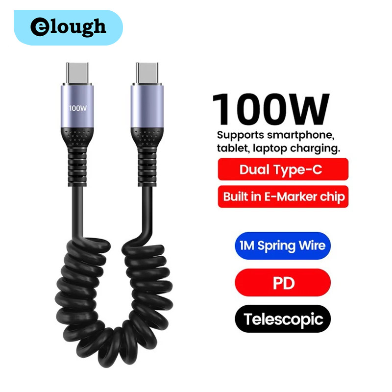 Elough 0.25M ถึง 1M ฤดูใบไม้ผลิประเภท C ถึง Type C 6A 100W Fast สายชาร์จข้อมูลสําหรับโทรศัพท์มือถือในรถยนต์ USB ถึง Type C/lOS สําหรับ Power Bank