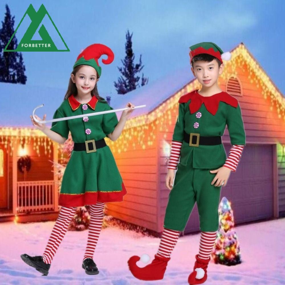Forbetter คอสตูมคอสเพลย์คริสต์มาส, ชุดถุงเท้าสีเขียว Elf เครื่องแต่งกาย, Cool Party ผ้าอุปกรณ์เสริมหมวก Christmas Party เด็กและผู้ใหญ่