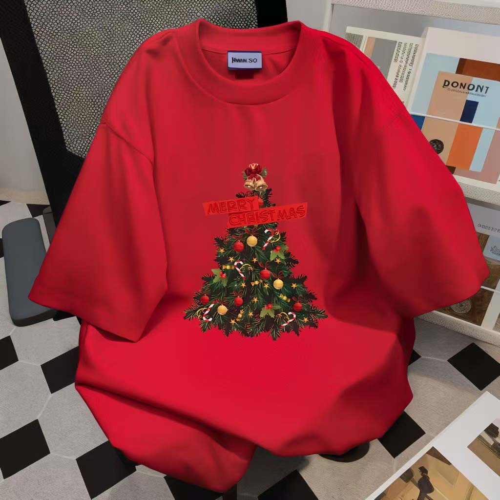 (จัดส่งตลอด 24 ชั่วโมง)Woo Right สีแดงเรียบง่ายร้อยเสื้อยืดต้นคริสต์มาสรอบคอแขนสั้นแนวโน้มขนาดใหญ่