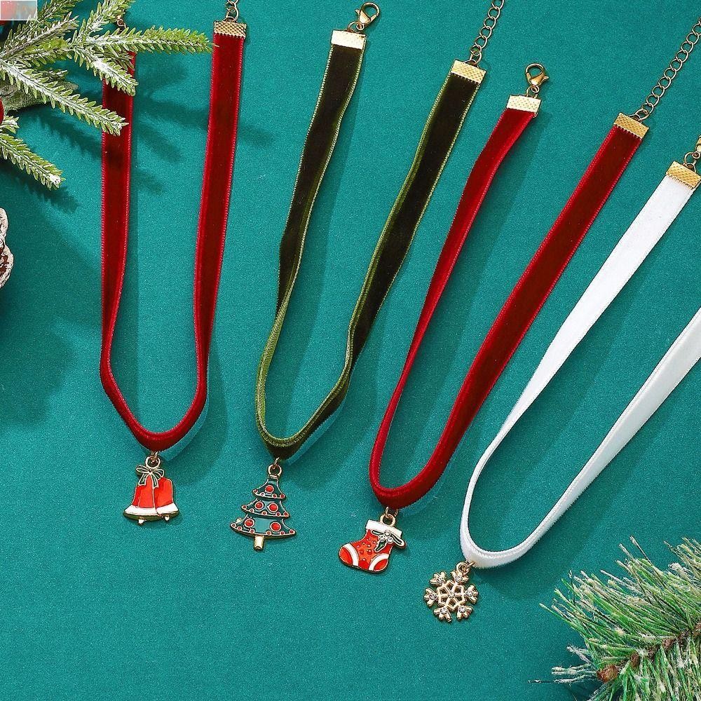 เค้นคอคริสต์มาส IVORY, Christmas Tree Santa Velvet Collar Necklace, Sweet Clavicle Chain Gingerbread Man Alloy Cartoon Pendant Choker Women