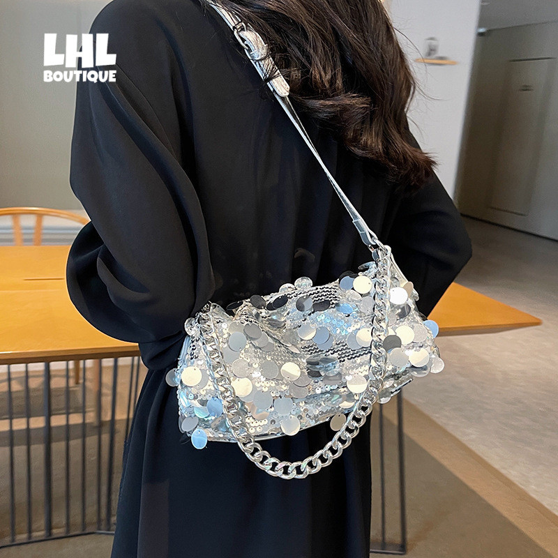 LHL BOUTIQUE การออกแบบที่น่าสนใจเป็นพิเศษของผู้หญิงใหม่ทุกการแข่งขันหนึ่งไหล่ Crossbody เลื่อมโซ่คุณภาพสูงกระเป๋าสี่เหลี่ยมเล็กๆ