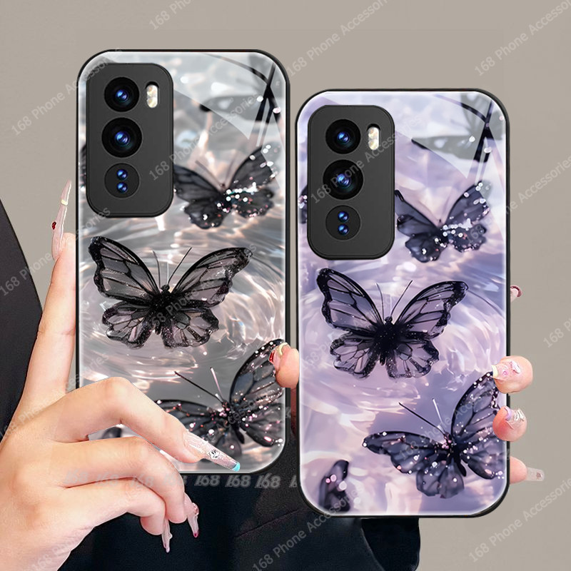 เคส OPPO Reno 12 5G เคส OPPO Reno 12 Pro 5G เคสน่ารักสีม่วงสีดําแวววาวผีเสื้อกันกระแทกพร้อมฝาครอบกล้