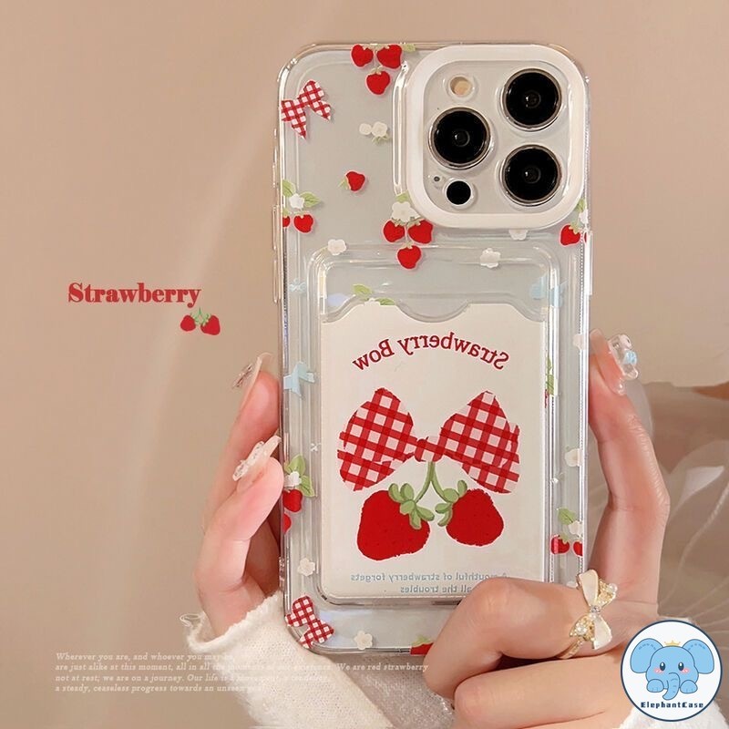 สตรอเบอร์รี่แฟชั่นน่ารักเข้ากันได้เคสไอโฟน 16 11 13 XR 15 14 12 Pro Max 7 8Plus X XS Max SE เชือกกระเป๋าสตางค์บัตรเคส