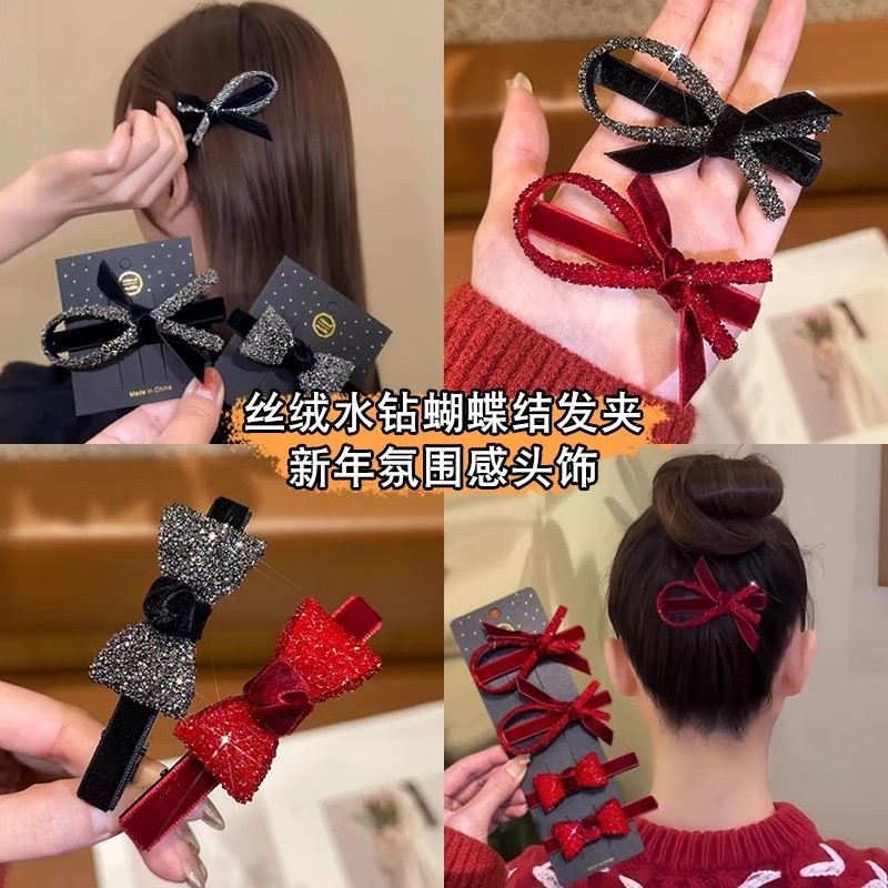 ปีใหม่กิ๊บโบว์กํามะหยี่สีแดงเครื่องประดับผมสําหรับผู้หญิง - รูปที่ 3