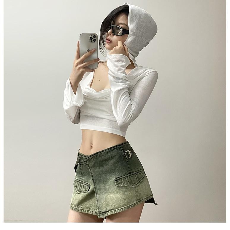 Dahong เสื้อครอปเสื้อฮู้ดแขนยาวสําหรับฤดูร้อนสําหรับผู้หญิง เสื้อคลุมกันแดด สีพื้นแบบเกาหลีสีทึบบาง ๆ โปร่งใส  2671