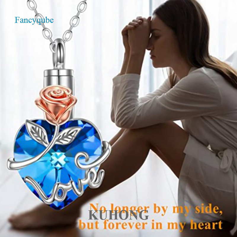 Kuhong Heart Urn Ashes สร้อยคอสําหรับขี้เถ้าสตรี Love Rose ดอกไม้คริสตัลเครื่องประดับศพ