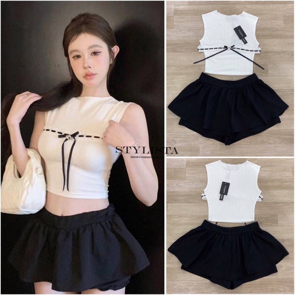 (xs-L) (พร้อมส่ง) STY81 ST20878 เซตเสื้อยืดแขนกุด กางเกงที่ชั้นนอกเป็นกระโปรง ข้างในเป็นกางเกง Cafe