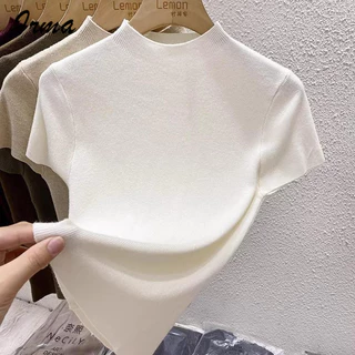 ผู้หญิงสไตล์ฝรั่งเศสบางพอดีแขนสั้นเสื้อยืดฤดูใบไม้ร่วงและฤดูหนาว bottoming ครึ่งคอเต่าถักด้านบน