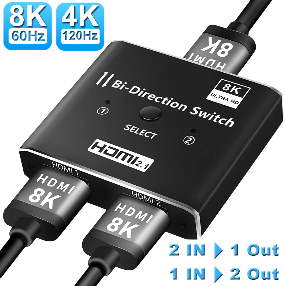 Bi-direction HDMI-ใช้งานร่วมกับสวิทช์ 2 in 1 Out 8k@60hz 4K@120Hz HDMI 2.1 Splitter 1 in 2 Out HD 3D HDR HDCP Converter AdapterสําหรับPS4 PS5 Xbox HDTV