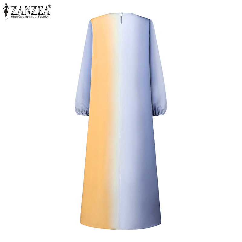 Zanzea ผู้หญิงมุสลิมลูกเรือคอ Contrast สีจีบแขนโคมไฟ Elasticized Cuffs Dresses