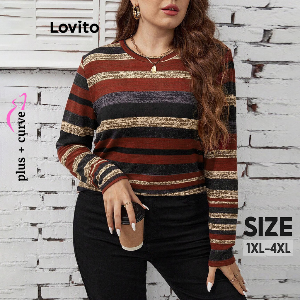Lovito เสื้อยืดสาวอวบ ลายทาง ผ้าถัก สไตล์ลำลอง LBL14398