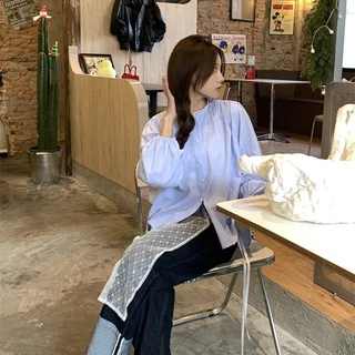 mimi&didi#เสื้อเชิ้ตแขนยาวลายทางหวานน่ารักคอกลมทรงหลวมกระดุมมุกกระดุมแถวเดียว สำหรับผู้หญิง#W531