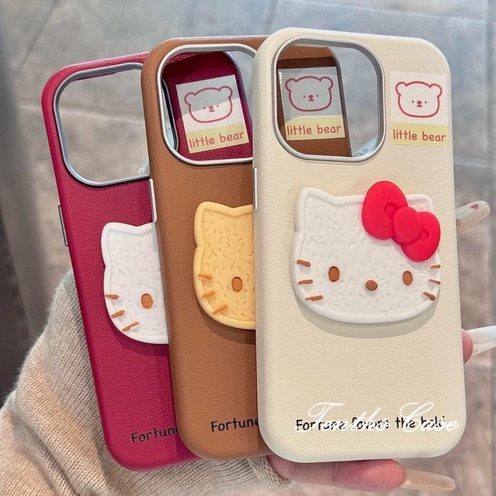 ใช้งานร่วมกับสําหรับ IPhone 16 11 15 14 13 12 Pro Max Xs X Xr 8 7 6 Plus 3D บิสกิต Kitty หัวหนังธรรมดารูปแบบเลนส์ชุบกรอบเคสโทรศัพท์ปกอ่อน