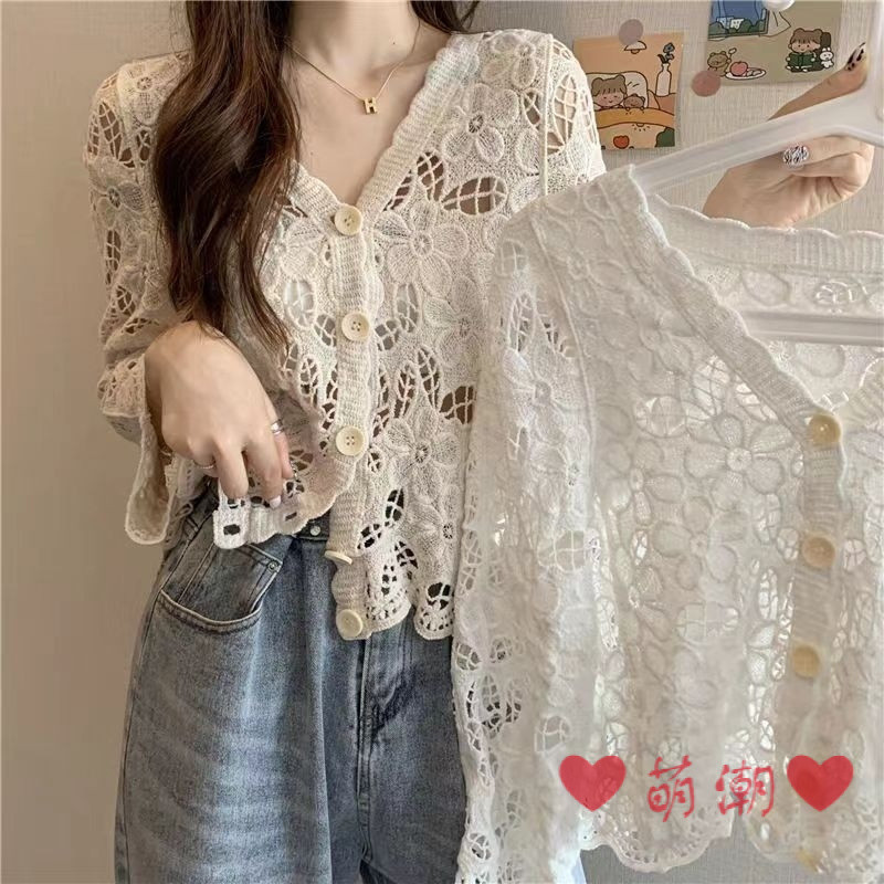 เสื้อโค้ทสเวตเตอร์ถักผ้าฝ้ายสั้น สไตล์โบฮีเมียน กลวง บาง ใส่สบาย เหมาะสําหรับฤดูใบไม้ผลิฤดูร้อน