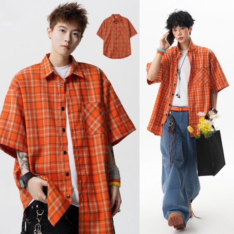 ASRV เสื้อเชิ้ตแขนสั้นลายสก๊อตสีส้มย้อนยุคอเมริกันสําหรับฤดูร้อนชายและหญิงหลวมอเนกประสงค์เสื้อเชิ้ตปกลําลอง