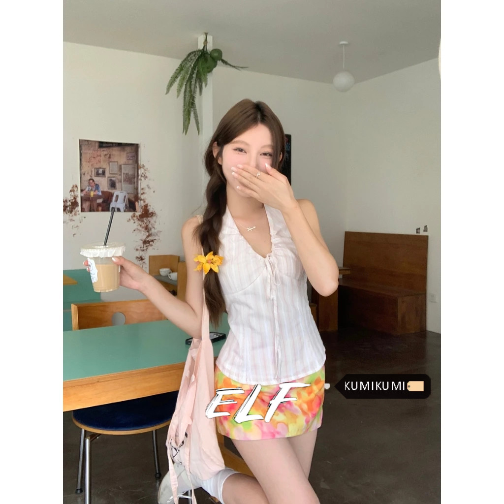 ELFwoo เสื้อกั๊กคอเปิดหลังแฟชั่นฤดูร้อนของผู้หญิง