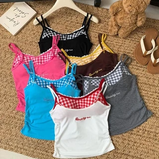YY105 เสื้อสายเดี่ยวลายสก๊อตพร้อมบราในตัว 2 สาย ผ้านิ่ม ยืดหยุ่นได้ดี สดใสน่ารัก ราคาถูก