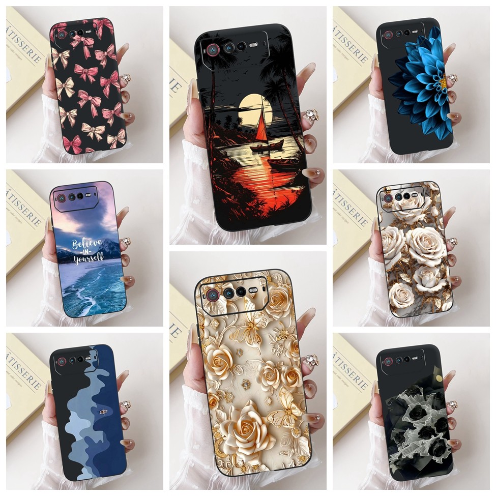 Asus ROG Phone 6 เคสซิลิโคนแมวน่ารักแฟชั่นผีเสื้อดอกไม้รักทาสีฝาครอบ Asus ROG Phone6 เคสโทรศัพท์