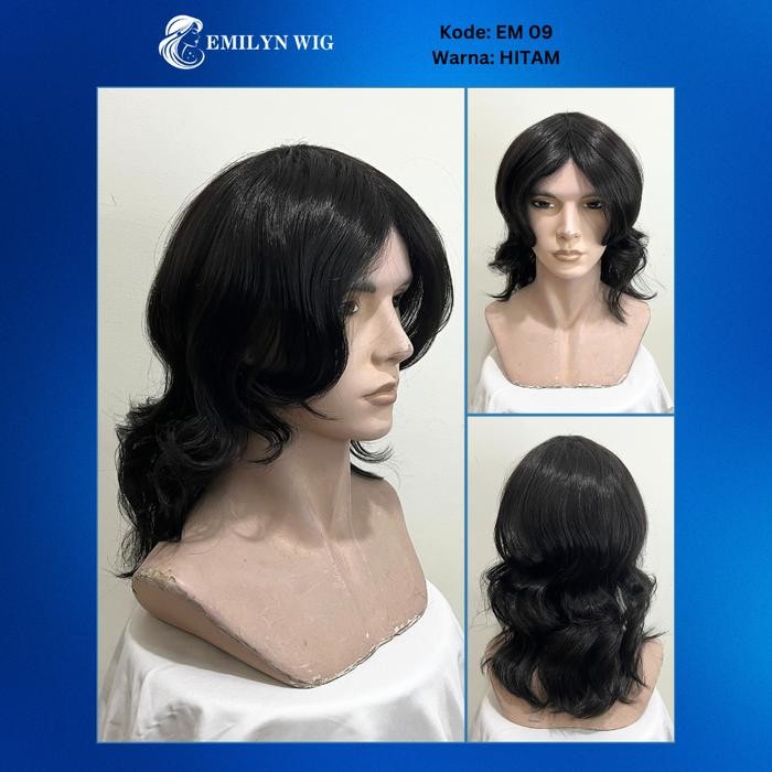EM 09 Long Wavy Mullet Model 45cm Natural Mens Wig - สีดํา