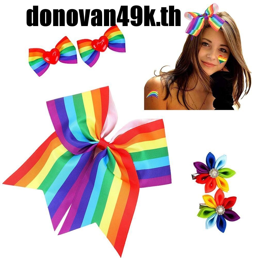 DODONVAN49K กิ๊บติดผมสีรุ้ง ยางยืดไม่ Harm Rainbow Hair Bow Ties, Hair Pins Pride Day Jumbo Large Un
