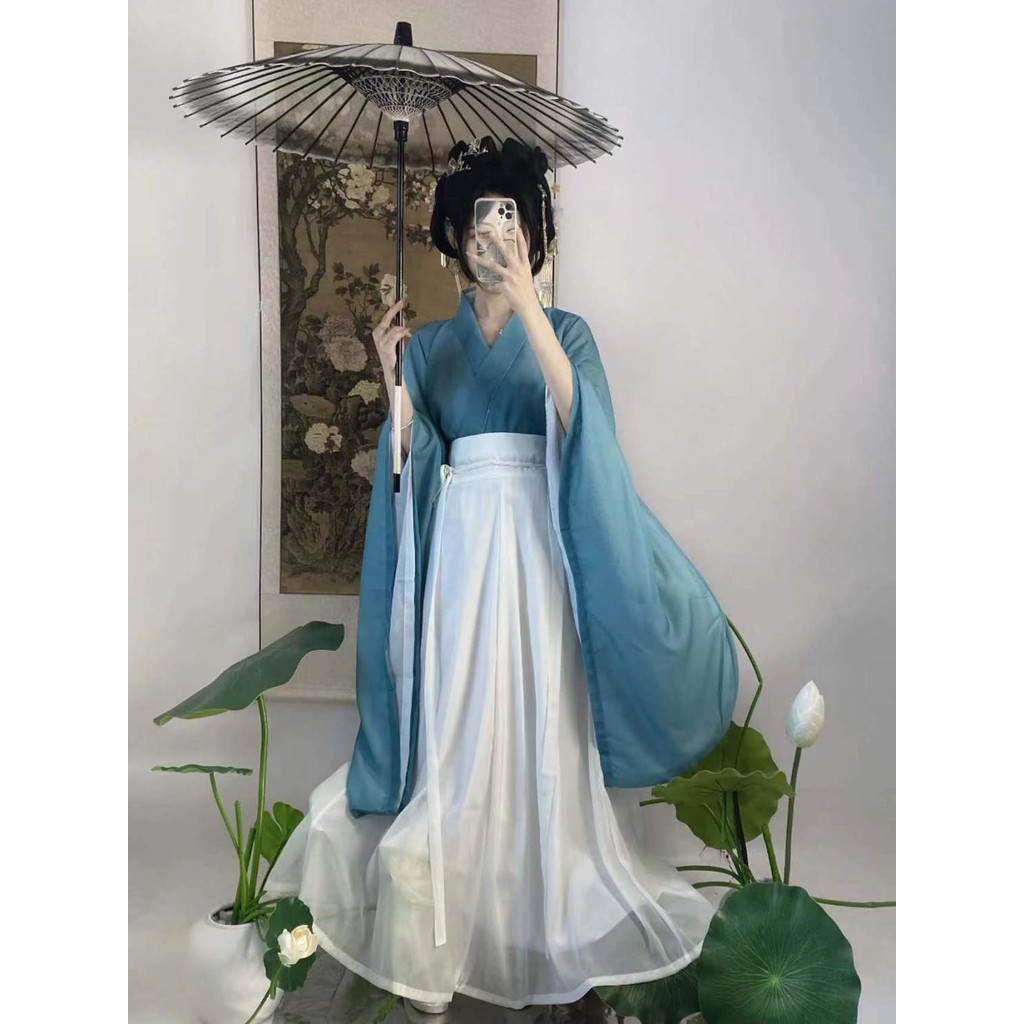 Han Mo Qingyi Xuan Su Qingyi Cross Collar เอวยาวแปดหักกระโปรงชุดสามชิ้นสไตล์โบราณองค์ประกอบจีน