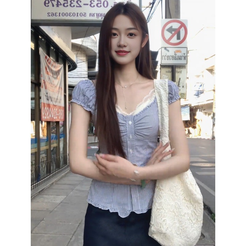 LINNAคอวี แถบ แขนสั้น เสื้อเชิ้ต เวอร์ชั่นเกาหลี รูปที่ 3