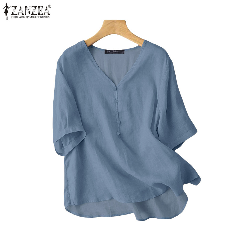 ZANZEA ซานเซีย ผู้หญิงแฟชั่นเกาหลีหลวมครึ่งแขนคอวีสีทึบชายหาด, เสื้อ