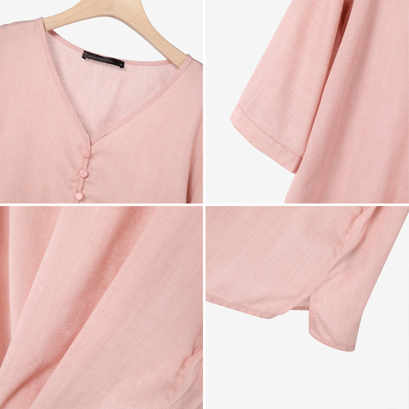 ZANZEA ซานเซีย ผู้หญิงแฟชั่นเกาหลีหลวมครึ่งแขนคอวีสีทึบชายหาด, เสื้อ - รูปที่ 7