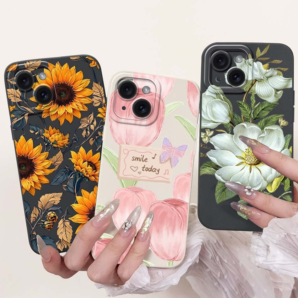 สําหรับ ไอโฟน 15 15 มือโปร สวยดอกทิวลิปดอกทานตะวันรูปแบบผีเสื้อกรณี ไอโฟน15 15มือโปร ซิลิโคนนุ่มโทรศัพท์ปลอก