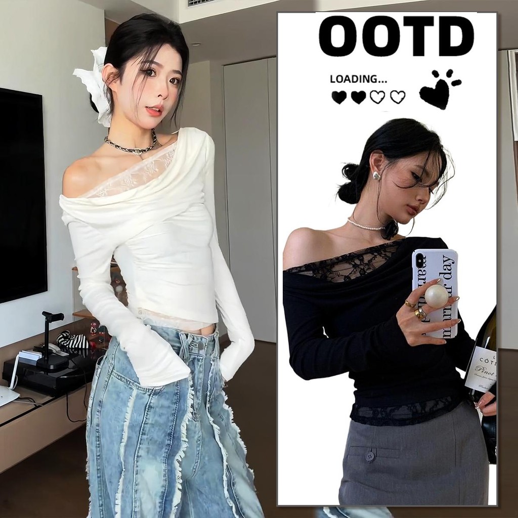 KOKO#เสื้อกันหนาวลายลูกไม้ลุคคุณหนู เสื้อยืดเปิดไหล่ผู้หญิง ทรงเข้ารูป#Y0321คริสต์มาส