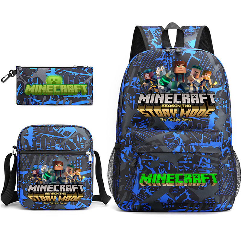 Minecraft กระเป๋าเป้สะพายหลัง Boys Mens Rucksack กระเป๋าสะพายสําหรับโรงเรียน 3 ชิ้นกระเป๋าดินสอสําหรับแฟนถุงของขวัญ 002