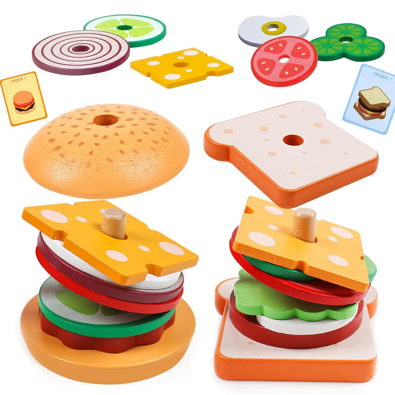 Wooden Burger Sandwich Stacking Toys For Toddler Kids Preschool Learning Educational Toys Pretend Pl