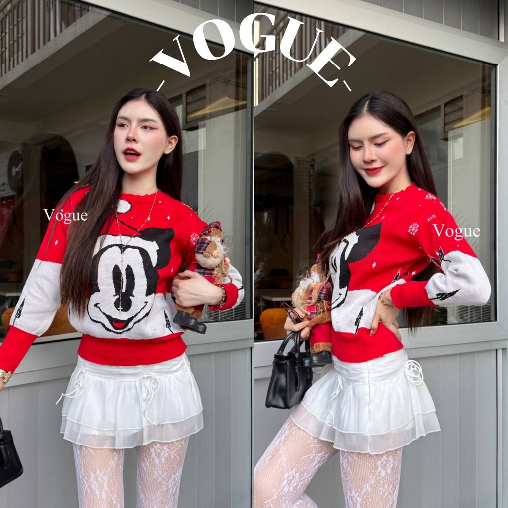 Vogue🌟 พร้อมส่ง🌟 เสื้อแขนยาวไหมพรม ลายมิกกี้​ลายคริสต์มาส สีแดงสดใส (9653-2)