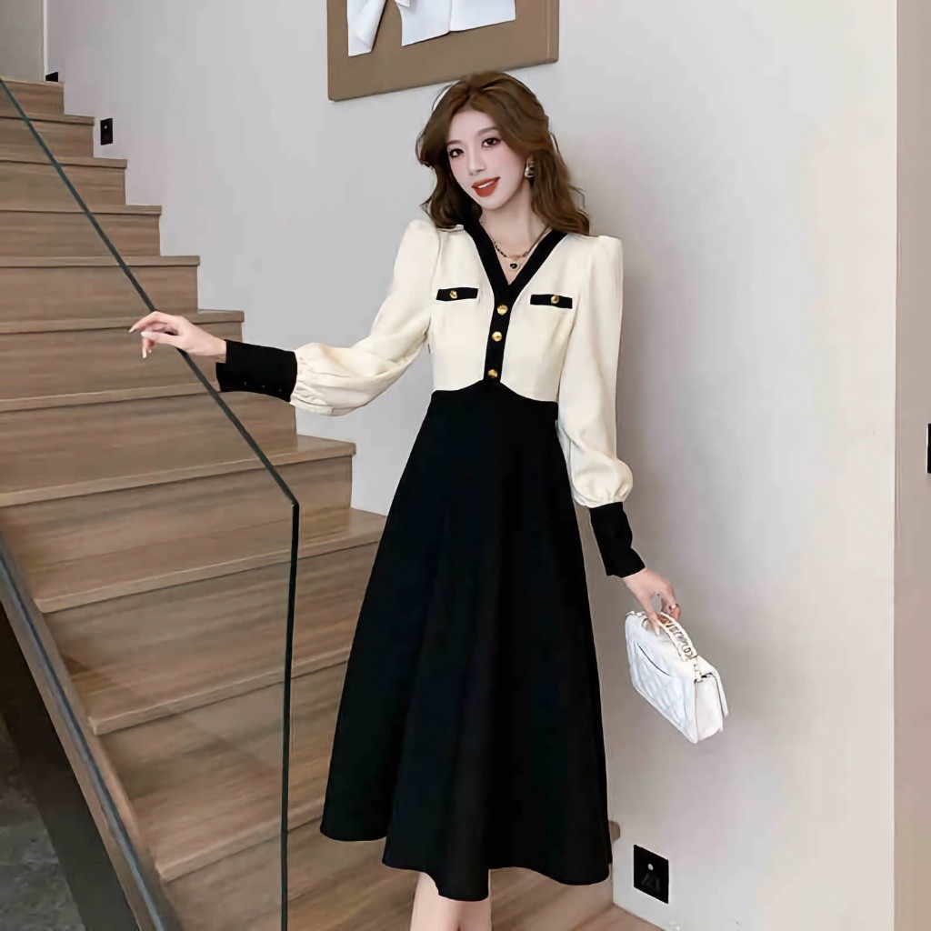 【ใหม่】S-5XL เดรสผู้หญิง เดรสคอวี หรูหรา ใส่ออกงาน ช่วยให้ดูเพรียวและสวยงาม เดรสยาวเอวสูง ชุดสาวอวบ สไตล์เรียบหรูและสวย