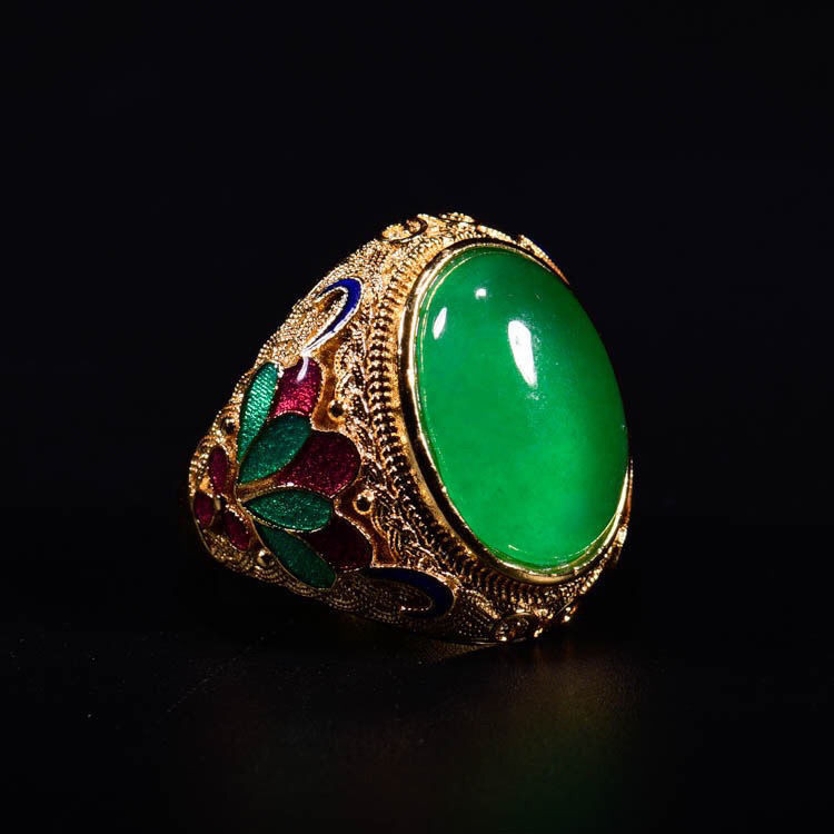 อิมพีเรียลสีเขียวหยก Cloisonne ฝังแหวนมรกตหยกฝังสดแหวนผู้ชายอุปกรณ์เสริม 12.1.2
