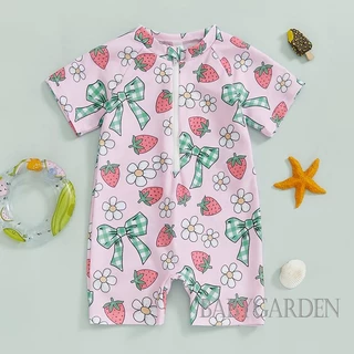 【ส่งจากไทย】 0-3years Baby Girl Rash Guard One Piece ชุดว่ายน้ํา Cherry/Bow Print Zipper Short Sleeve Zip Up ชุดว่ายน้ํา