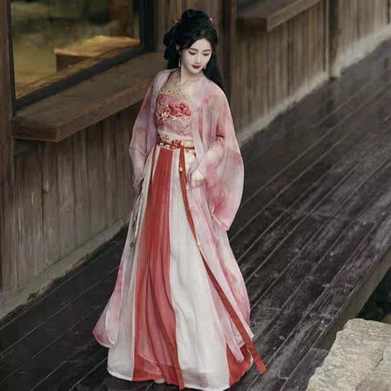 Long Acacia Long Shirt ปักสลิงกระโปรงจีบชิ้นเดียว Hanfu ชุดสามชิ้นหญิง F