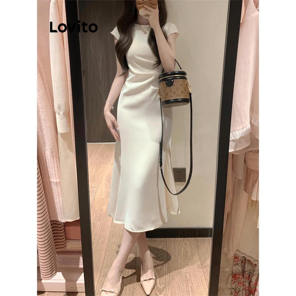 Lovito ชุดเดรสจีบธรรมดาหรูหราสำหรับผู้หญิง LNE72538