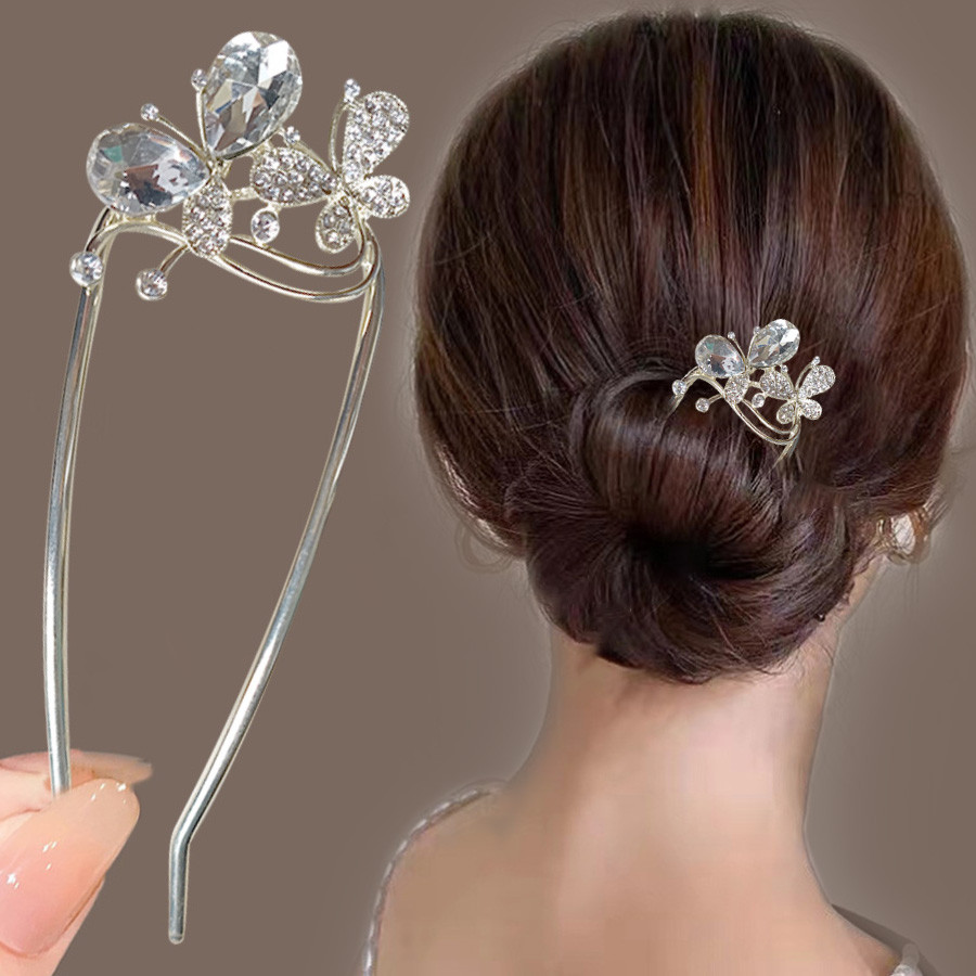 สไตล์จีนใหม่สไตล์จีน U-Shaped Hairpin Cool Temperament คริสตัลเพิร์ลผีเสื้อ Hairpin ด้านหลังหัว Hairpin อุปกรณ์เสริมผม