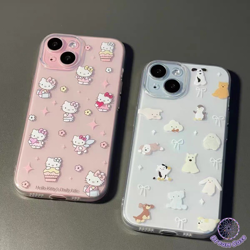 น่ารักลูกแมวโบว์ปมการ์ตูนคู่ลูกสุนัขโปร่งใสนุ่ม เคส iPhone 15 11 16 13 14 12 Pro Max 7Plus 15 16 14 8 7 Plus XR X XS Max
